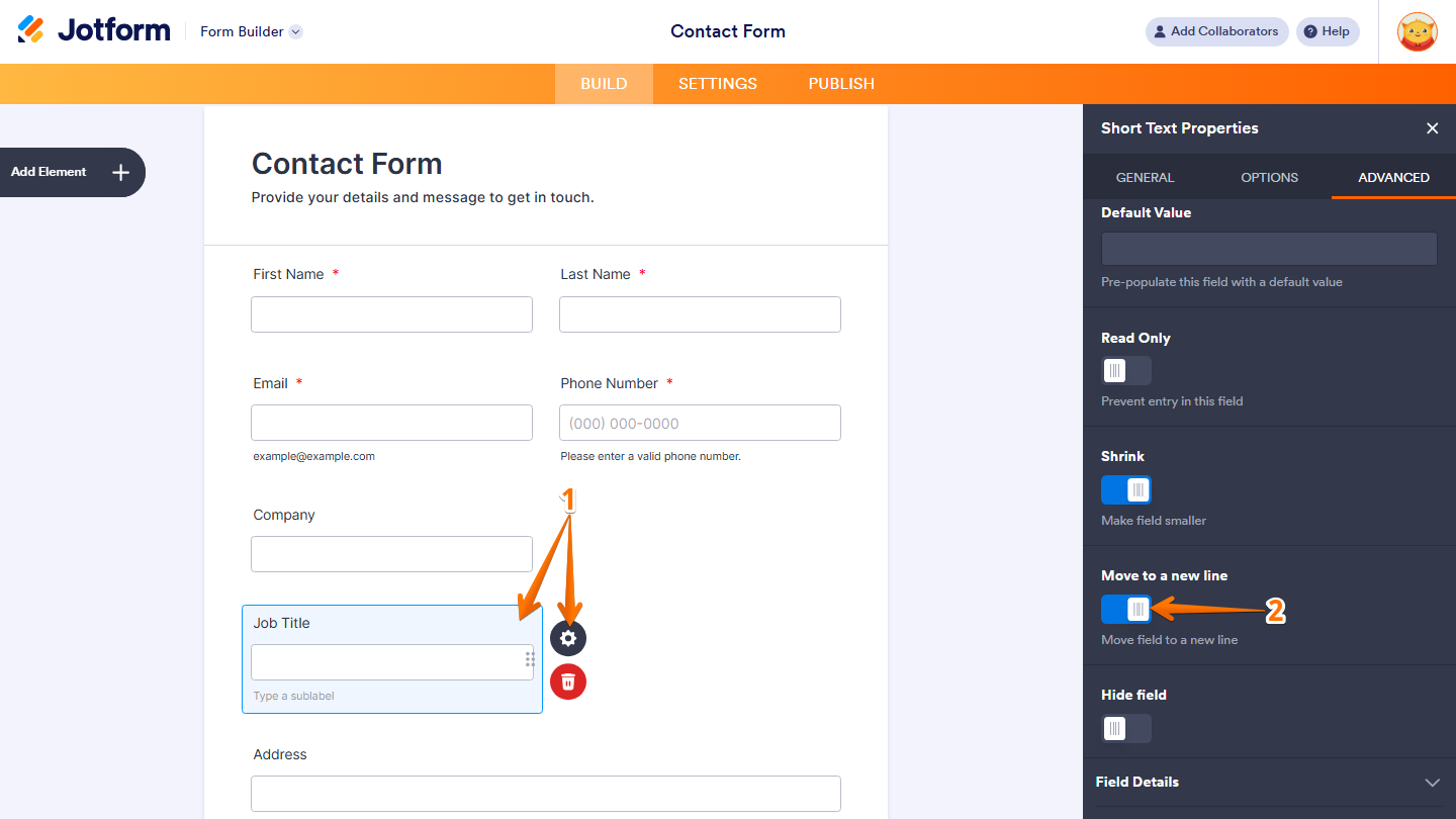 Jotform Form Builder showing an element’s settings panel with the Advanced tab open and the Move to a New Line option enabled to place the field on its own row within the form layout