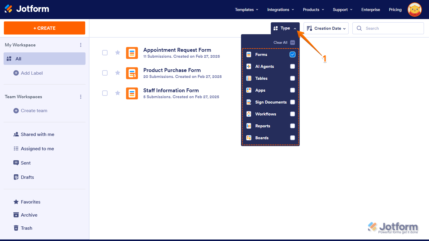 Forms option in Type Dropdown menu on Workspace page