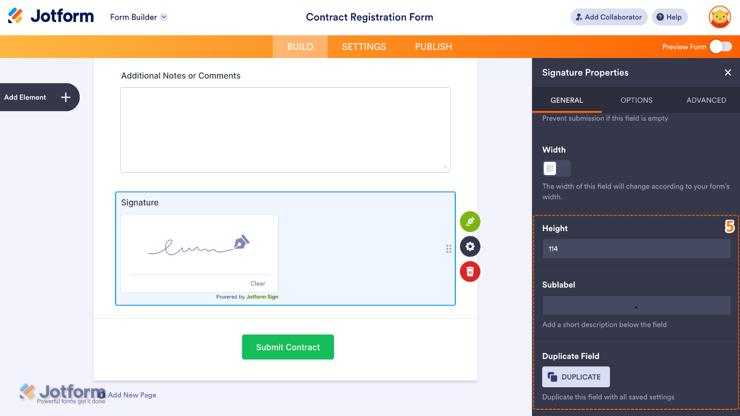 Signature field settings showing options for height, sublabels, and duplicate field