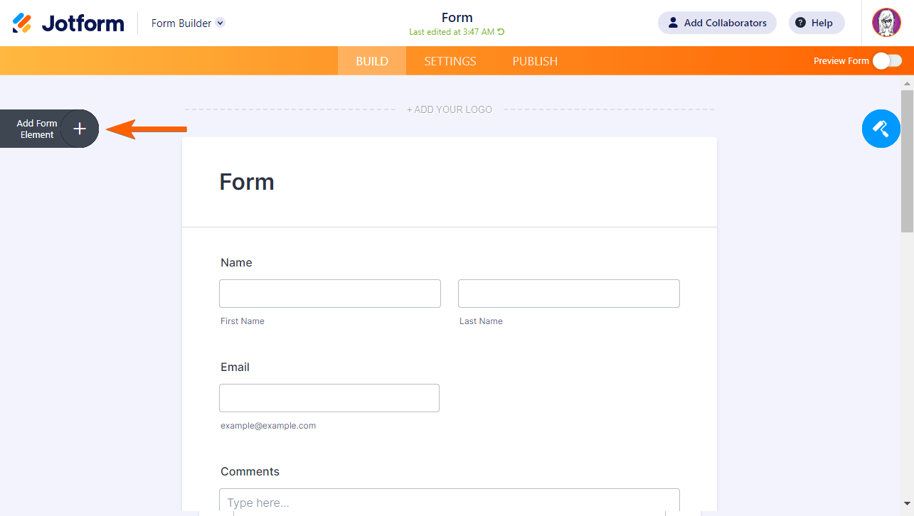 The Add Form Element button in Jotform Form Builder Screenshot 20