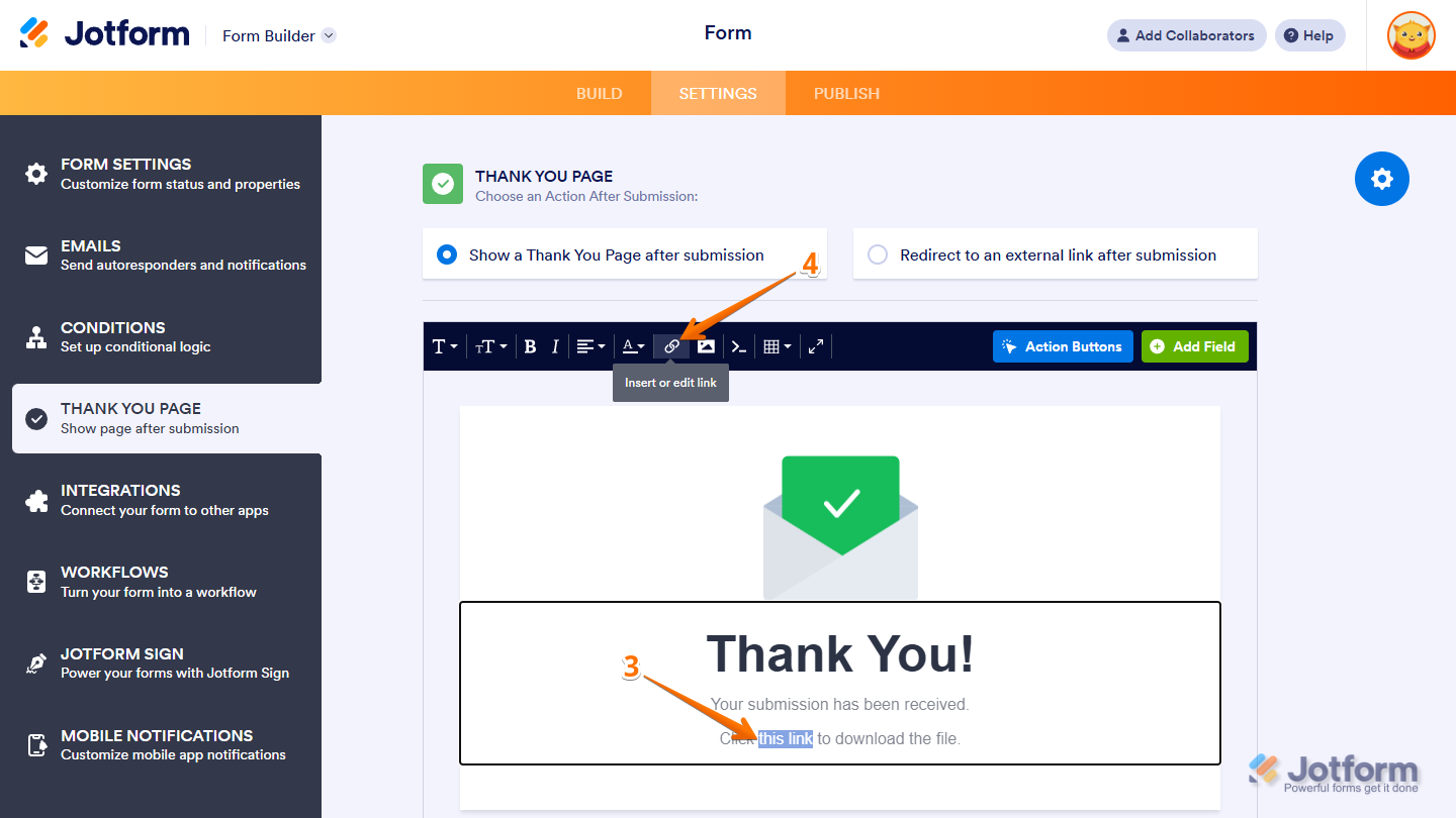 Insert or edit link in the toolbar of the Thank You Page settings
