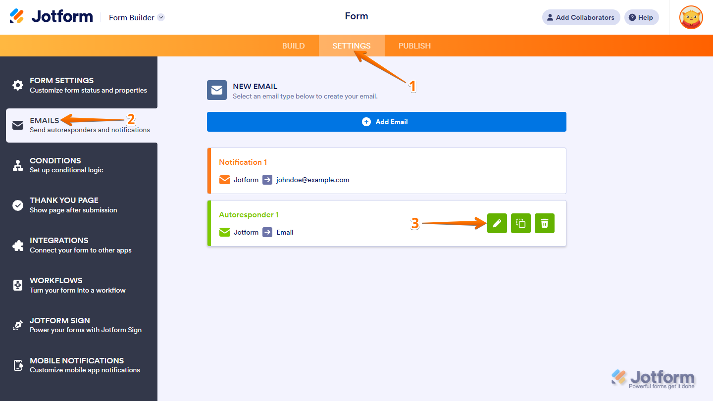 Edit autoresponder email in the Emails tab of the Jotform Form Builder