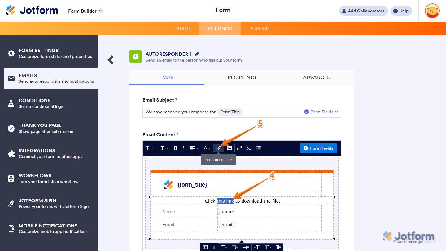 Insert or edit link in the toolbar of the Autoresponder Email