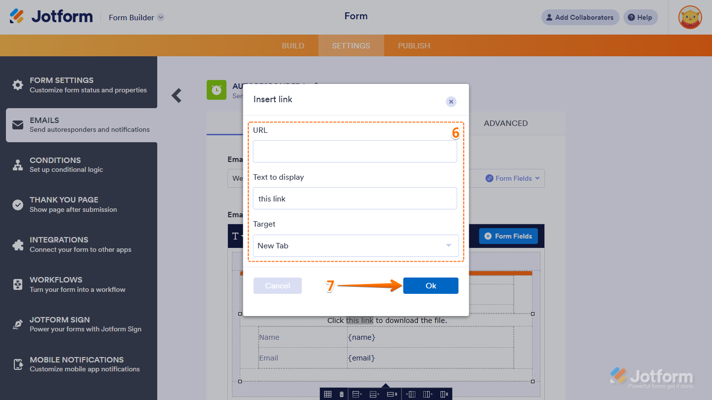 Insert Link window in the Autoresponder Email