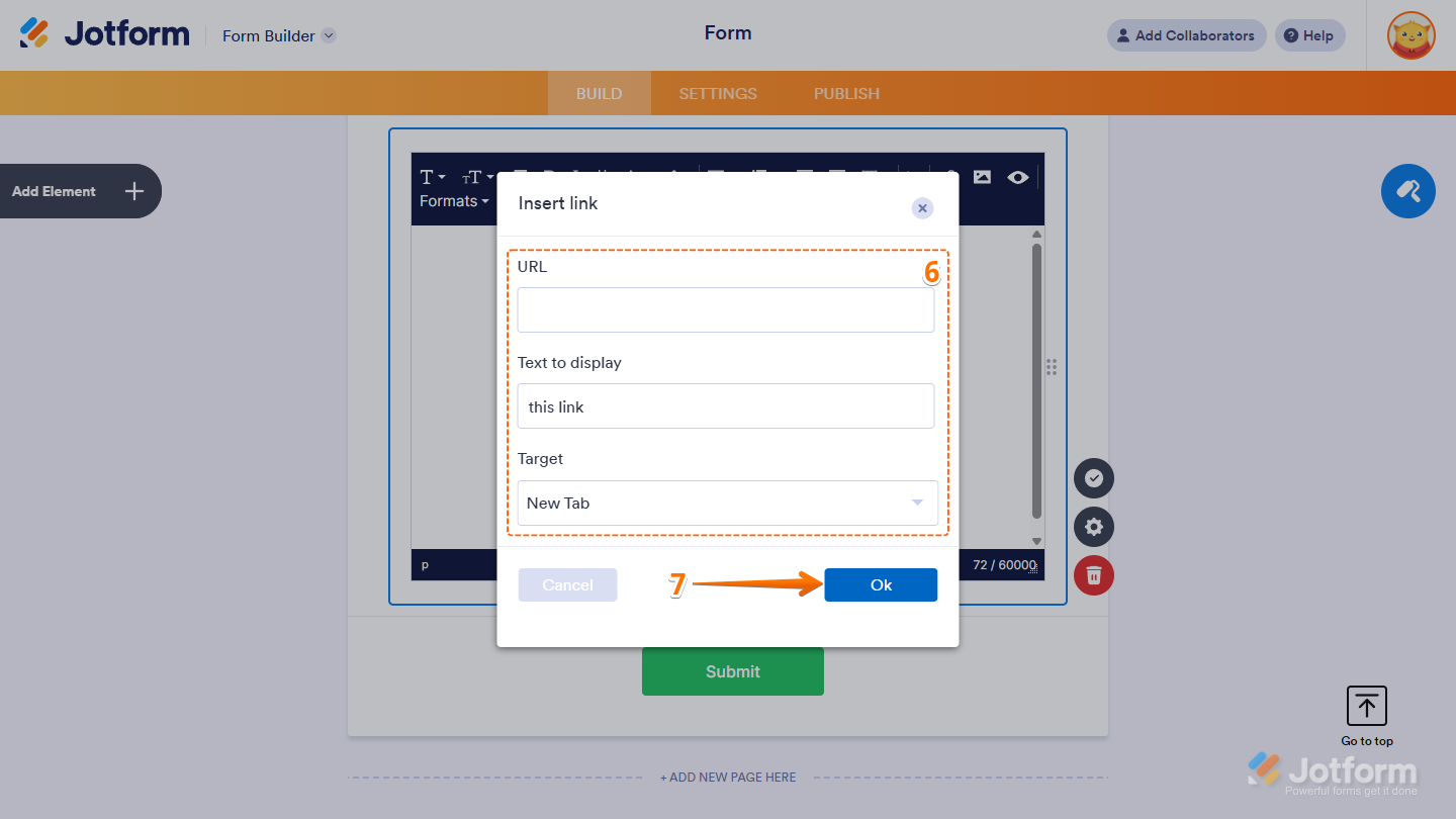 Insert Link window in the Paragraph element