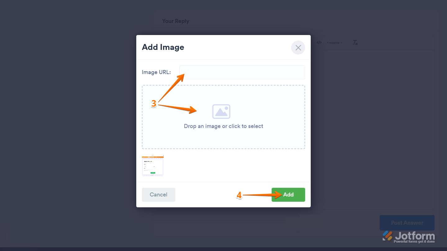 Adding a screenshot by pasting an image URL or uploading a file in the Add Image window in the Jotform Help Center.
