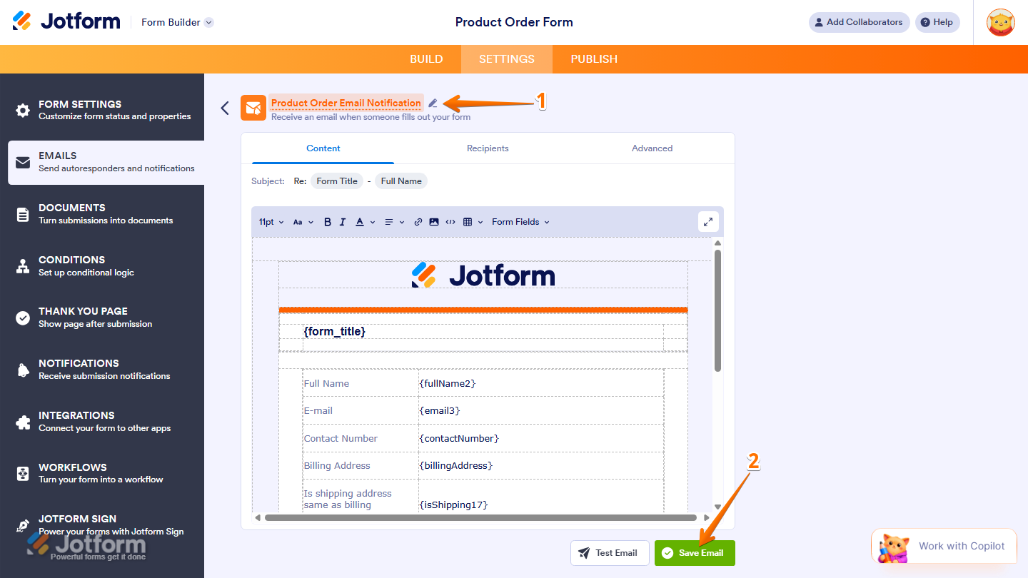 Email template editor showing Pencil icon for editing email template and Save Email button in Jotform