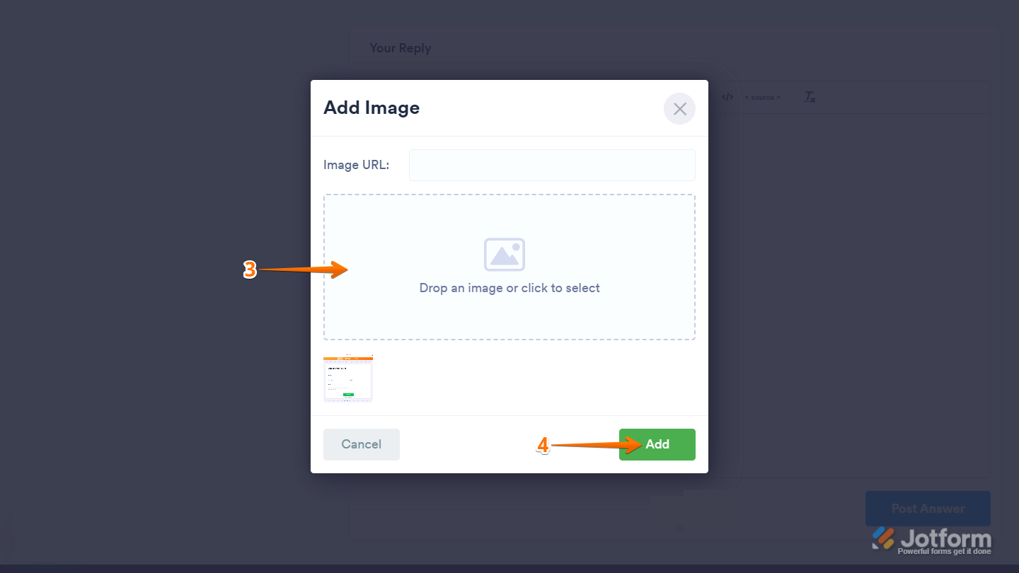 Adding a screenshot by pasting an image URL or uploading a file in the Add Image window in the Jotform Help Center.
