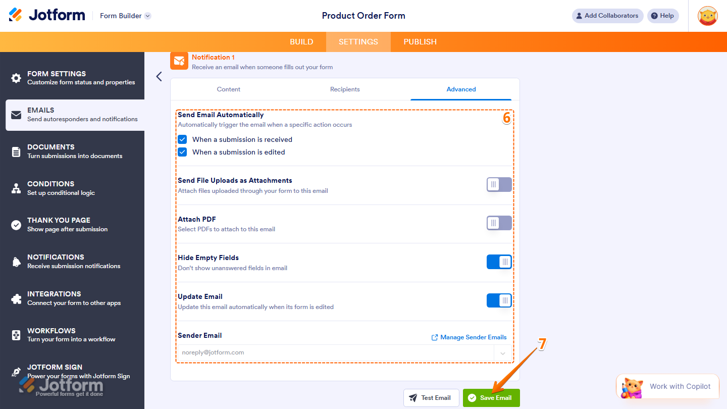 Email template Advanced tab showing automatic send file upload attachments PDF attachment hide empty fields sender email options and Save Email button in Jotform