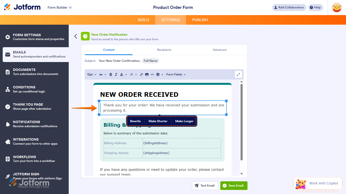 Email Copilot Advanced tab, showing Send Email Automatically, Send File Uploads as Attachments, Attach PDF Hide Empty Fields, Update Email Sender Email options, and Save Email button in Jotform