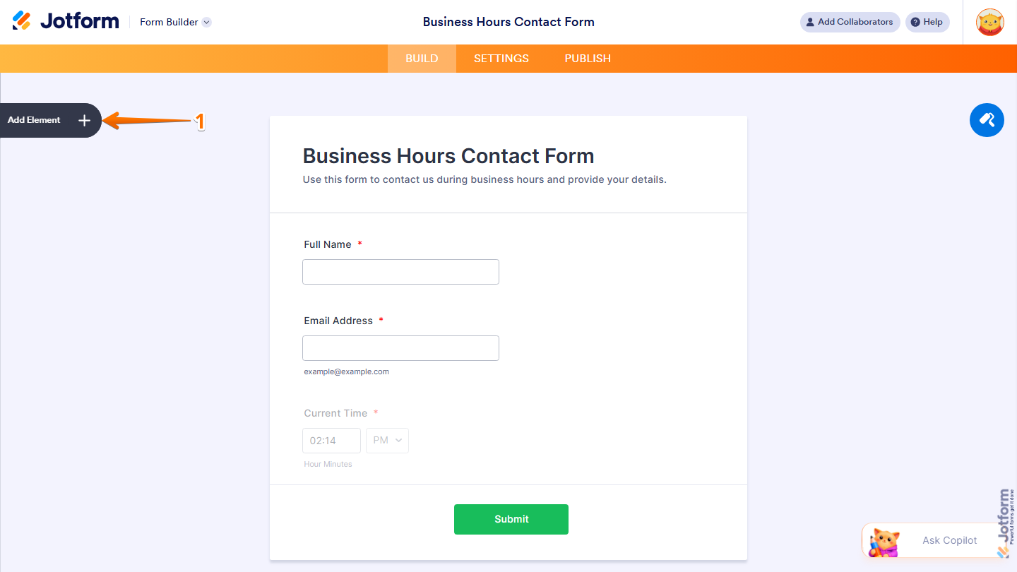 Form Builder showing Add Element button on the left side in Jotform