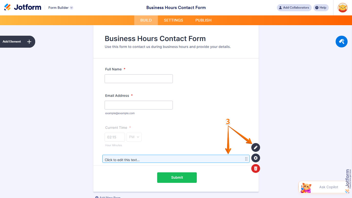 Paragraph element showing Click to Edit this Text and Pencil icon in Jotform