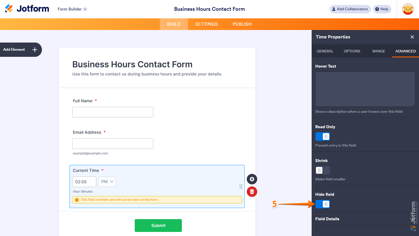 Time field Properties panel Advanced tab showing Hide Field toggle enabled in Jotform