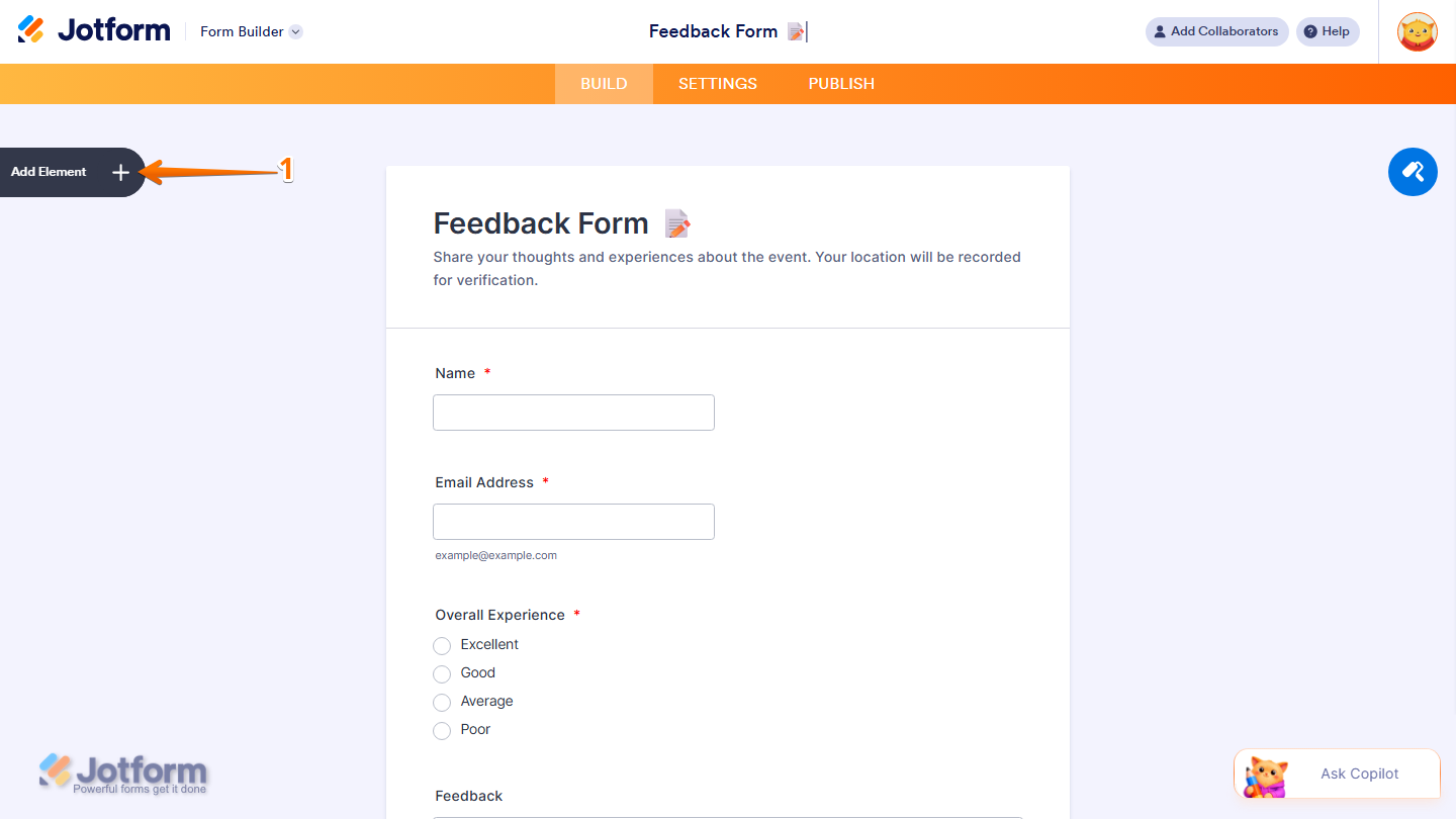 Form Builder showing Add Element button on the left side in Jotform