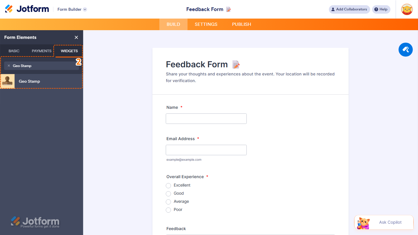 Form Elements Widgets tab showing Geo Stamp widget search and selection in Jotform