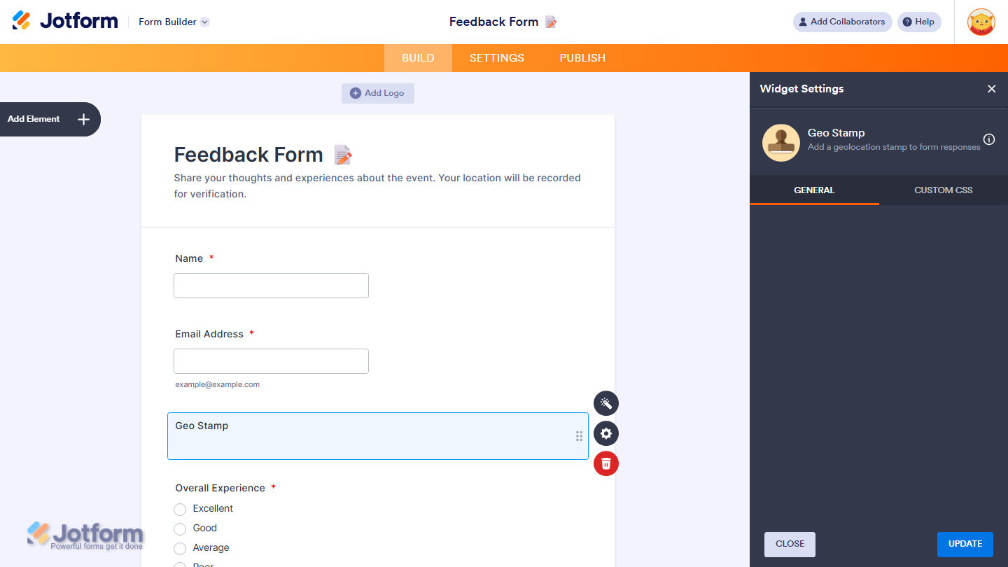 Form Builder showing Geo Stamp widget added to the form in Jotform