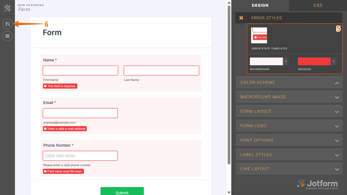 Customizing error message styles and field highlights in Jotform using the Advanced Designer in Form Builder