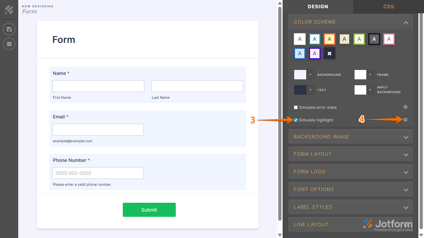 Customizing highlight effect in Jotform Advanced Designer by enabling Simulate Error State and accessing settings via Gear icon