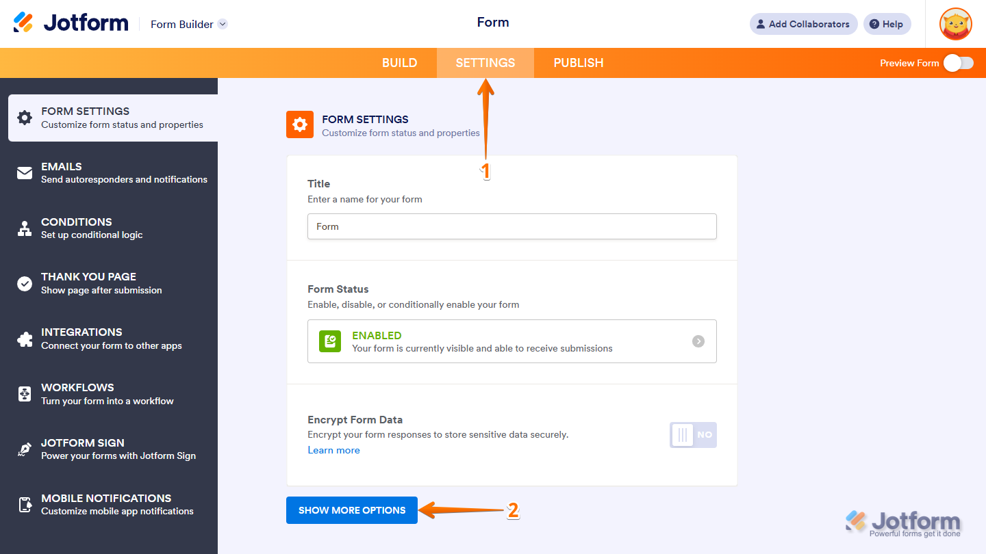 Form Settings page showing the Show More Options button selected to disable the field highlight effect in Jotfor