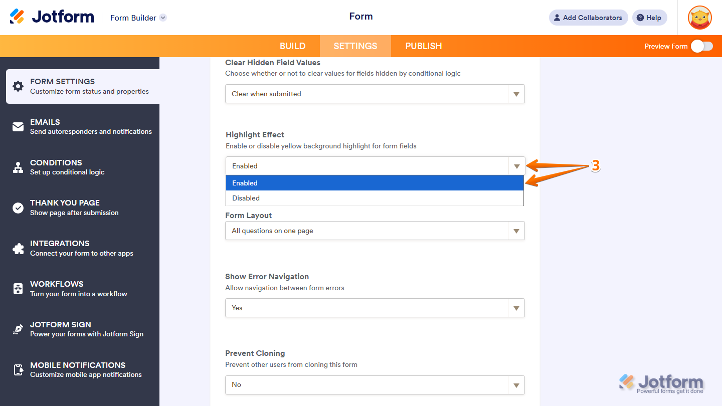 Highlight Effect dropdown set to Disabled in Form Settings in Jotform