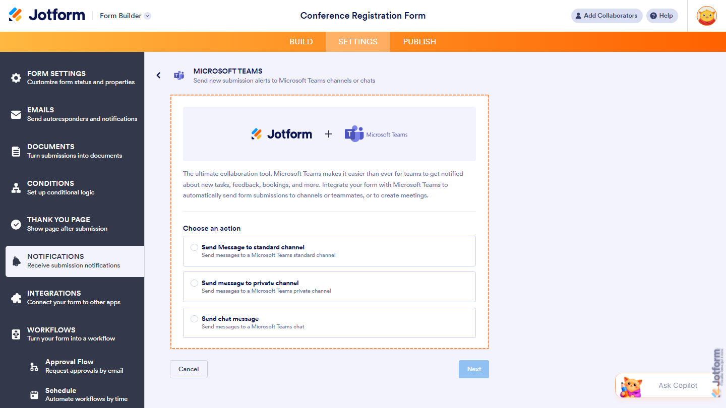 Microsoft Teams channel displaying a Jotform notification for a new form submission, enabling teams to stay updated and collaborate on responses directly within Microsoft Teams