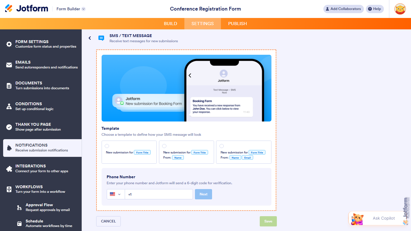 Mobile phone displaying an SMS notification from Jotform alerting the user to a new form submission, suitable for time-sensitive forms such as bookings, support requests, and orders