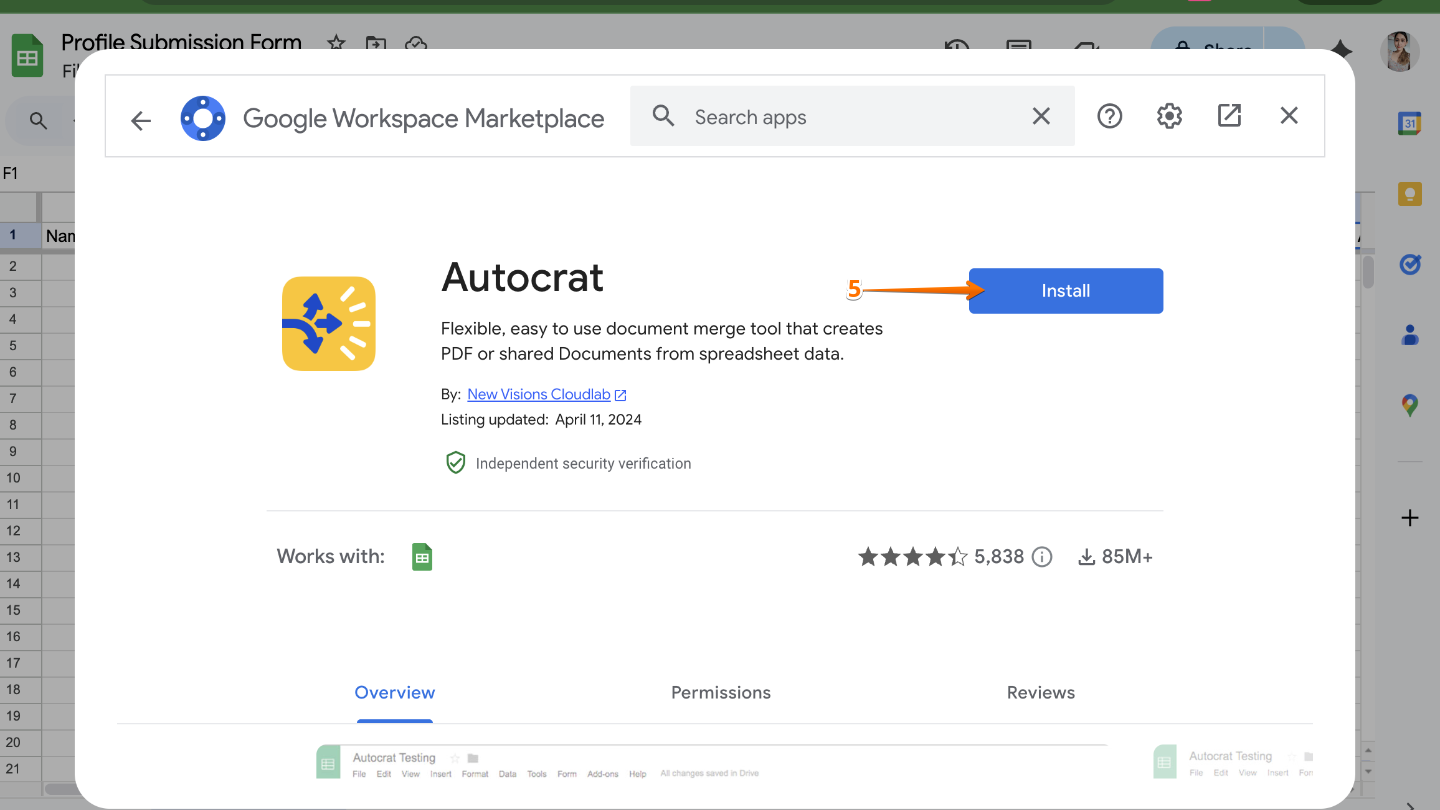 Clicking the Install button to add the Autocrat add-on from Google Workspace Marketplace