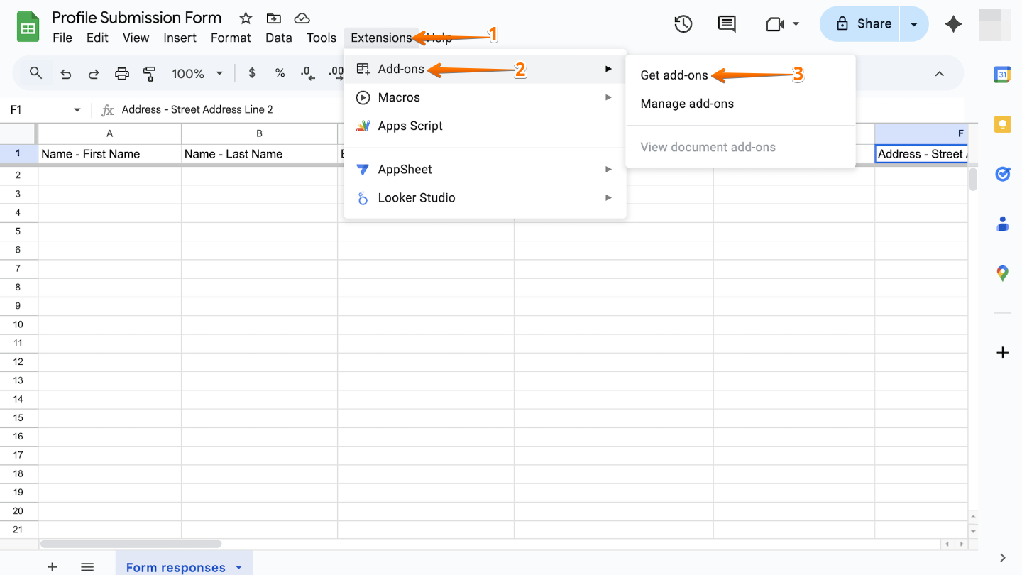 Google Sheets interface showing the Extensions menu opened with the Add-ons and Get add-ons options highlighted