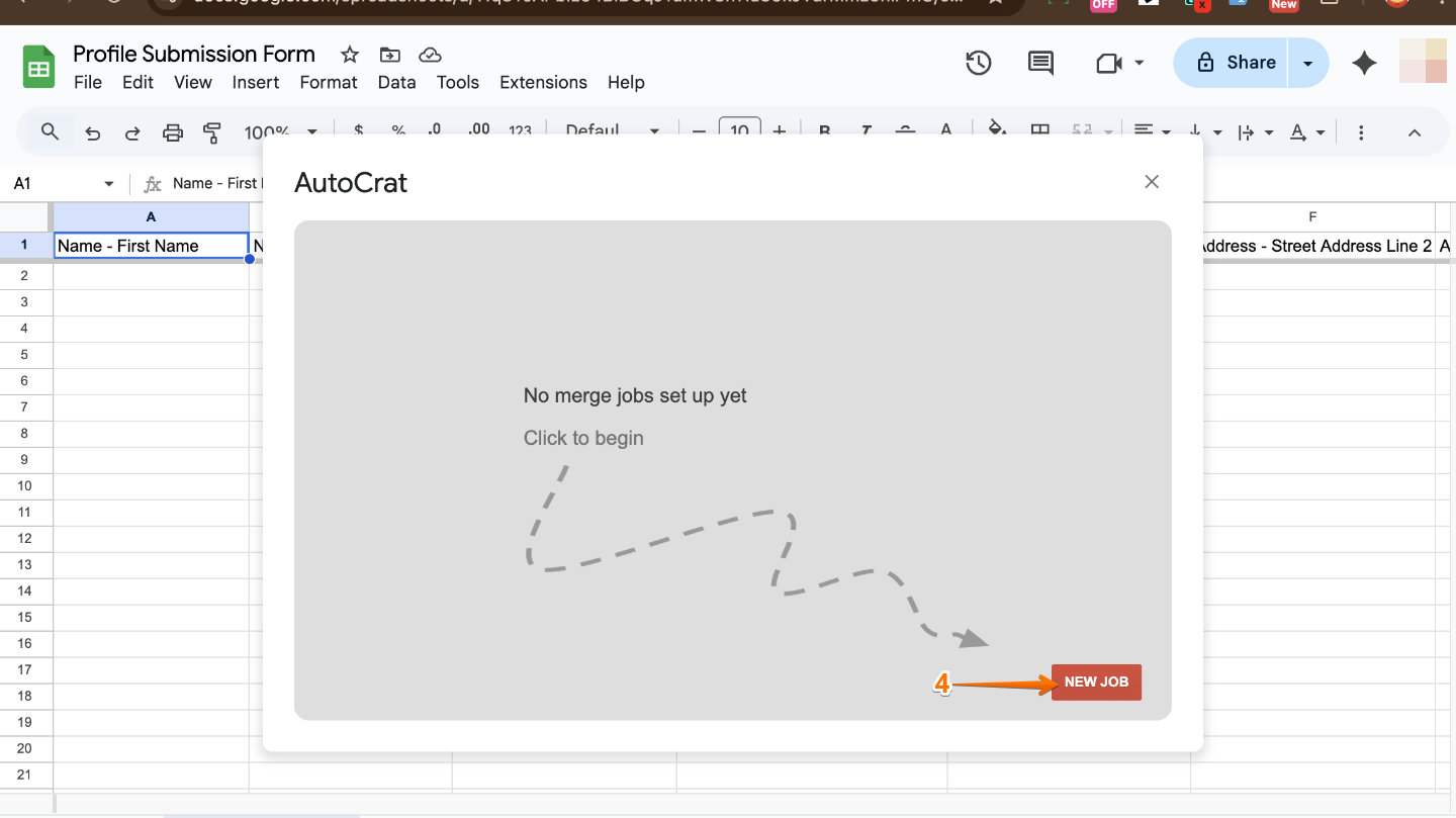 Creating a new merge job in the Autocrat window by clicking the New Job button