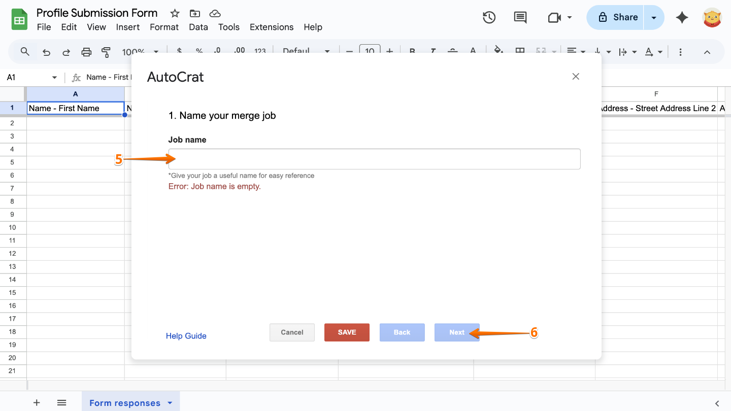 Entering a job name in the Autocrat setup window before proceeding to the next step