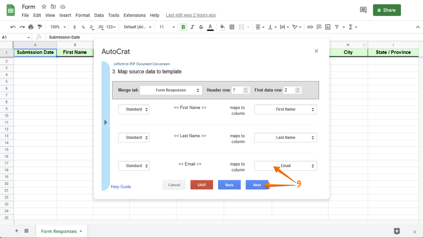 Mapping data fields from a Google Sheet to the placeholders in a Google Docs template within Autocrat setup