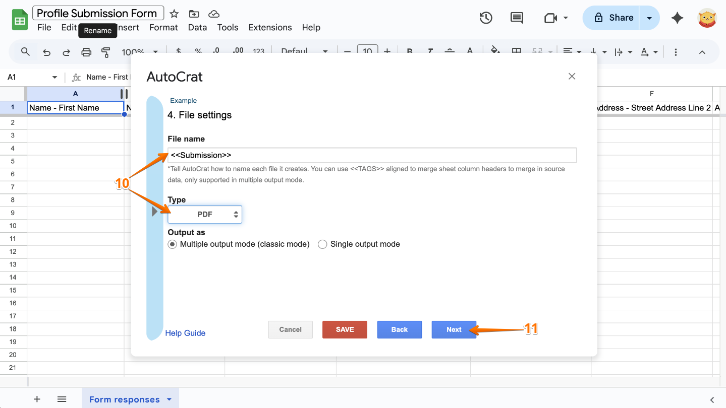 Entering a dynamic file name like Submission ID and selecting PDF as the file type in Autocrat File Settings