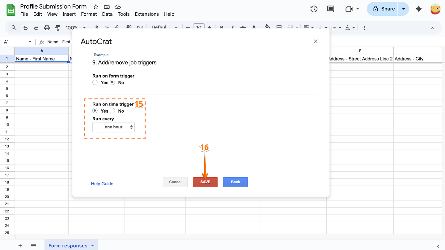 Selecting 'Yes' for Run on time trigger and choosing 'One Hour' interval in Autocrat before saving the automation