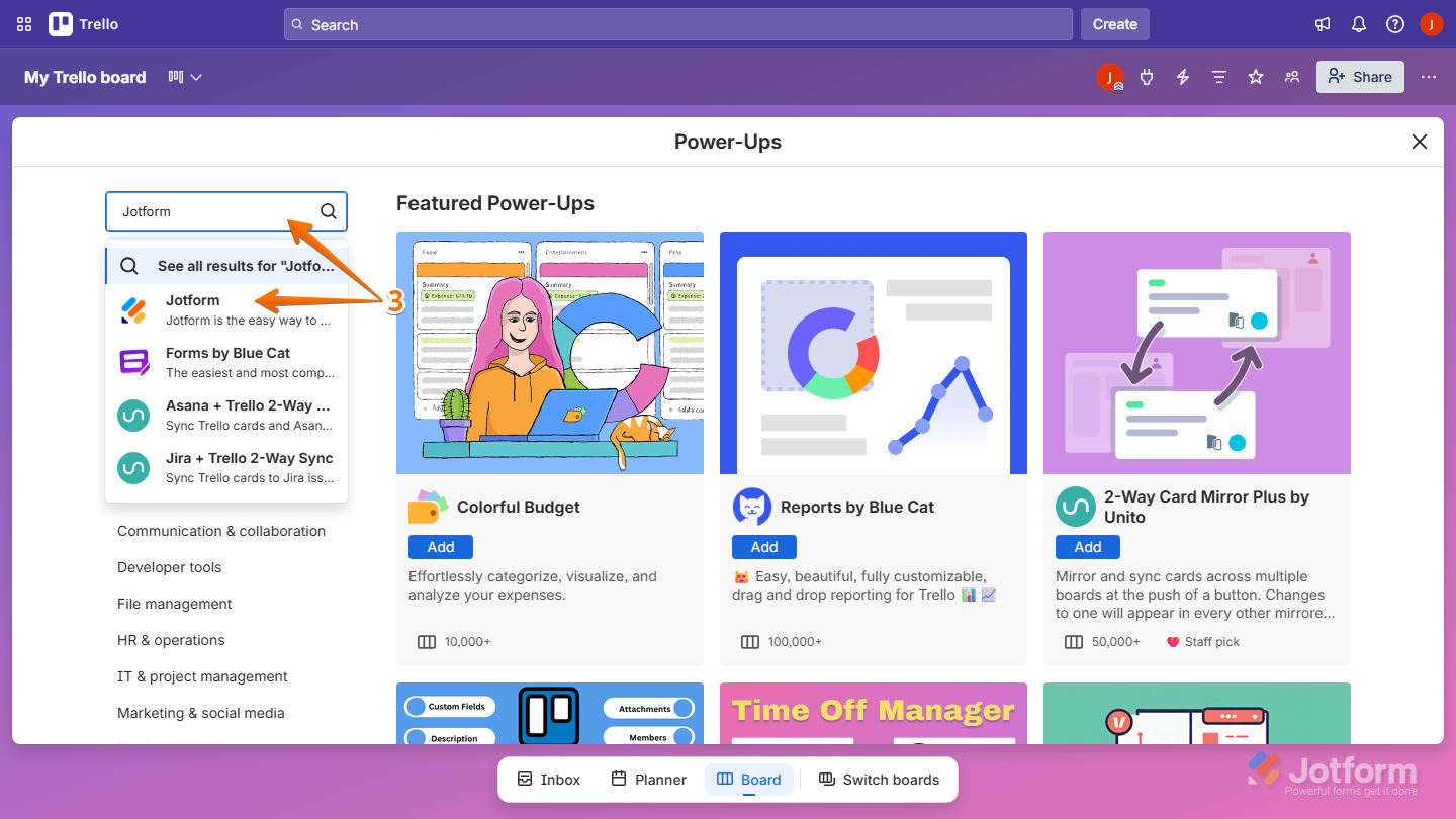 Power-Ups window showing Search bar with Jotform result selected in Trello