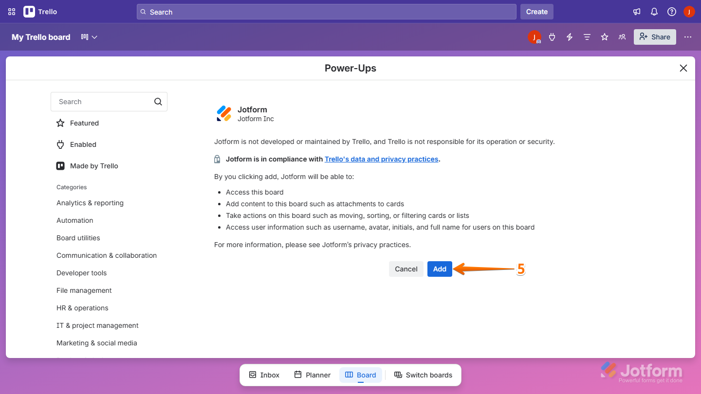 Confirmation window showing Add button to allow Jotform access in Trello