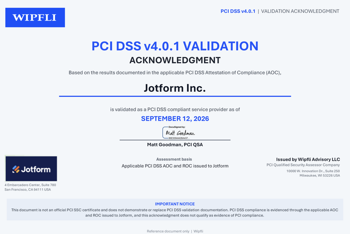 Jotform PCI Certification of Compliance