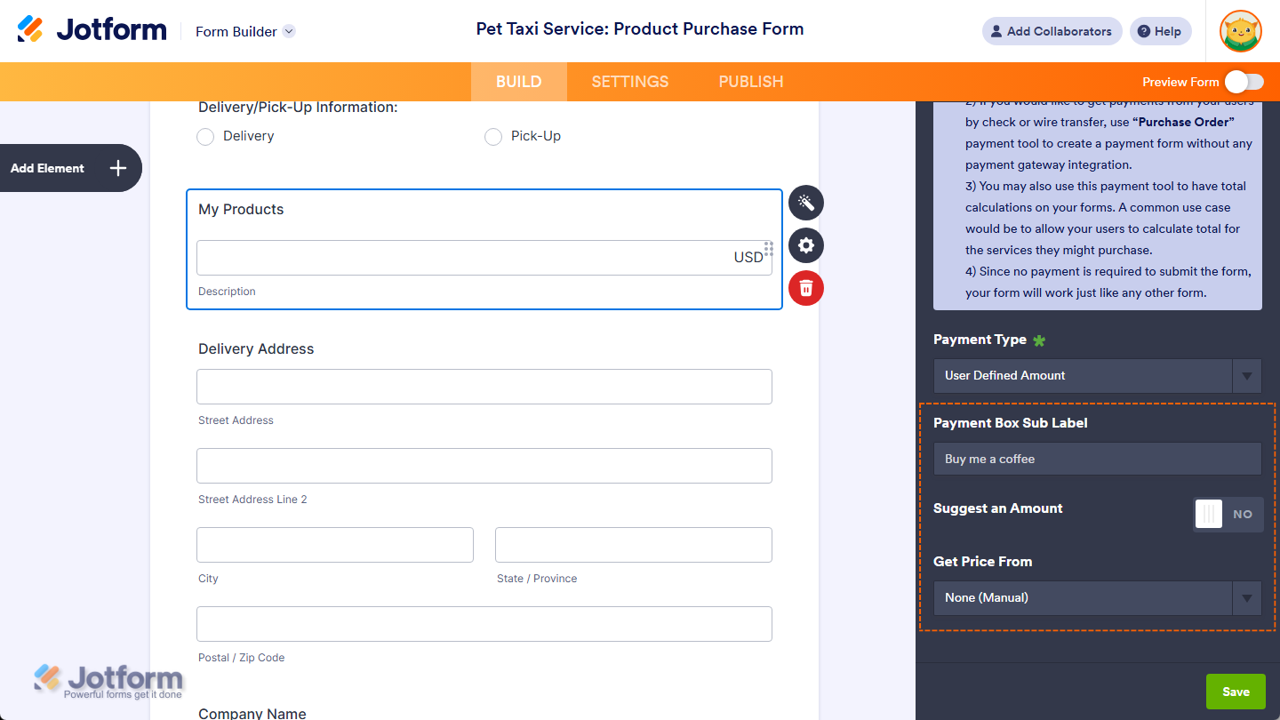 User Defined Amount and Collect Donations payment types settings of the Purchase Order Integration window in Jotform Form Builder