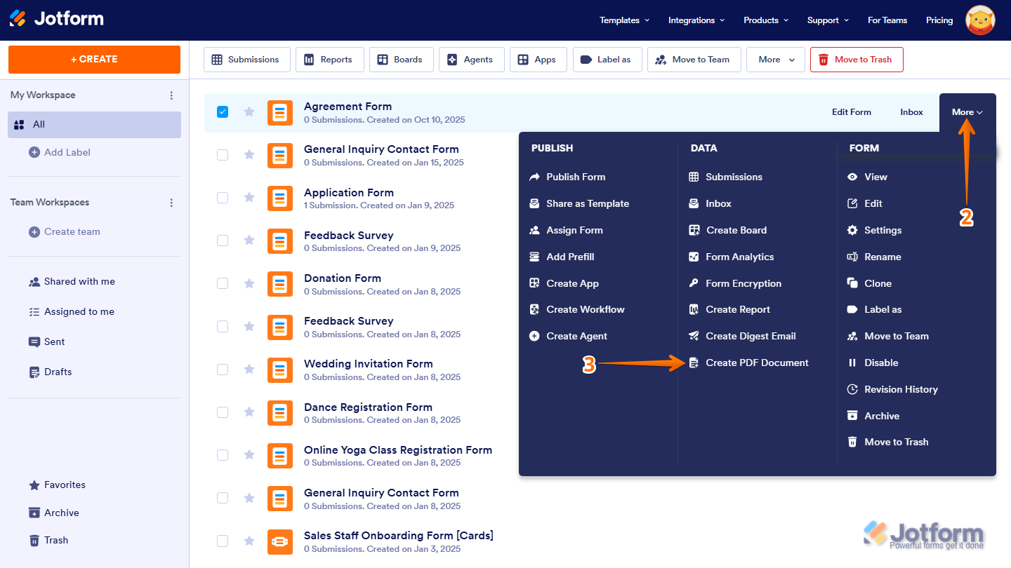 Hovering over a form on My Workspace page in Jotform with More menu open and Create PDF Document option visible