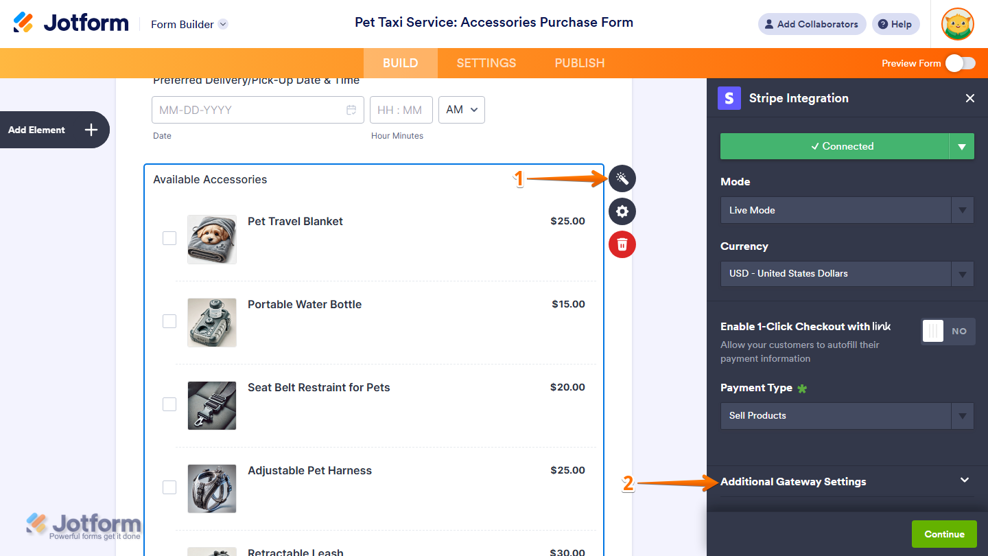 Additional Gateway Settings section in the Stripe Integration window of the Jotform Form Builder