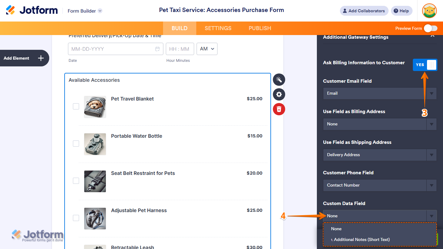 Custom Data Field setting under the Additional Gateway Settings section in the Stripe Integration window of the Jotform Form Builder