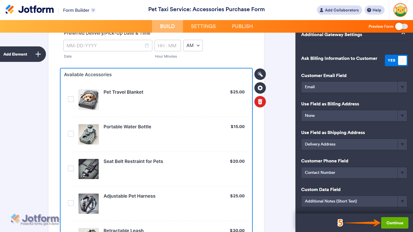 Continue button of the Stripe Integration window in the Jotform Form Builder