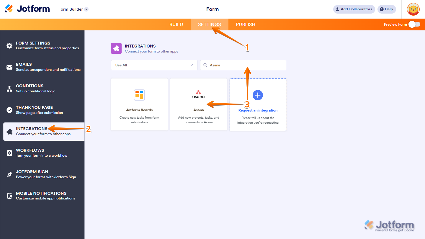 Opening the Asana integration from the Integrations tab in Form Builder settings in Jotform.
