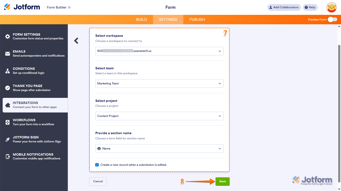 Configuring Asana integration in Jotform by selecting workspace, team, project, section name and create a new record when submission is edited