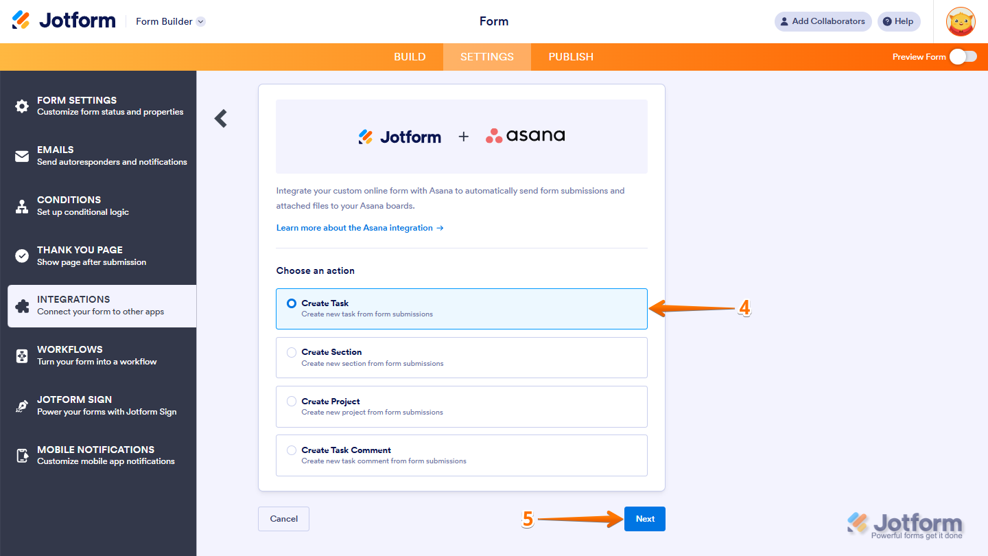 Selecting the Create Task action and clicking Next in the Asana integration setup in Jotform