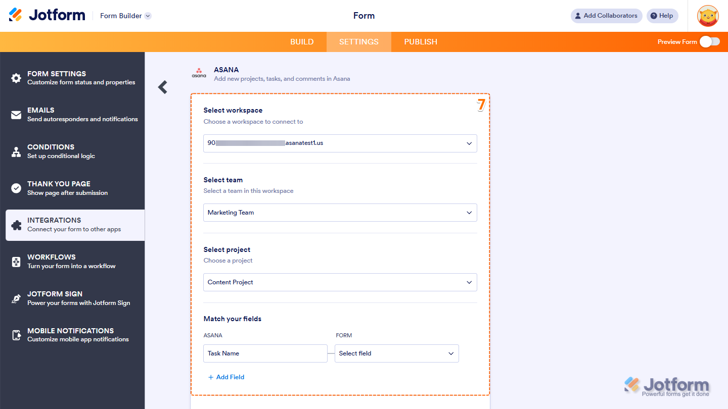 Configuring Asana integration in Jotform by selecting workspace, team, project, and mapping form fields to Asana task fields like Task Name, Notes, Tags, Assignee, Due Date, and Followers