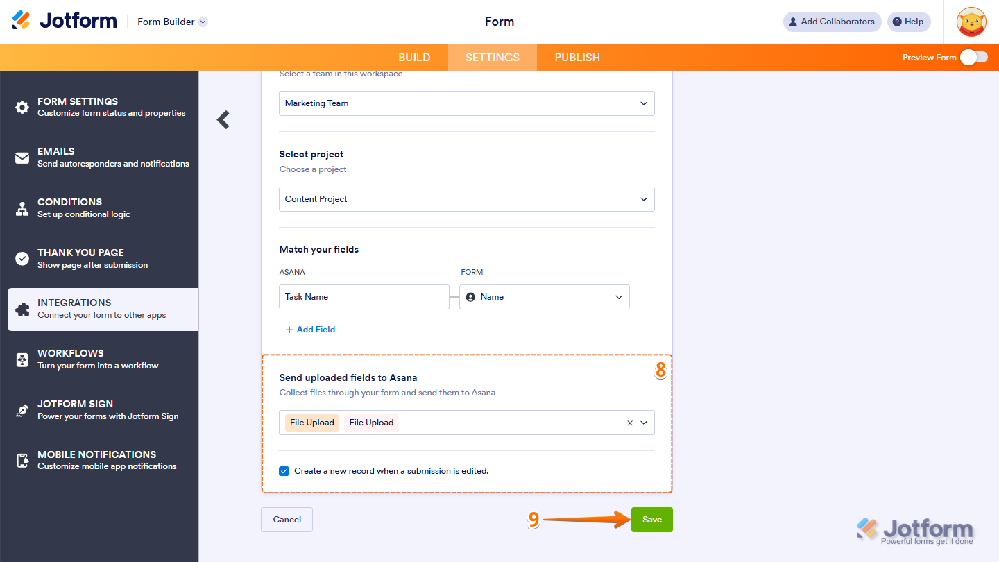 Finalizing Asana integration in Jotform by configuring uploaded files to send with tasks, enabling new task creation for edited submissions, and saving the settings