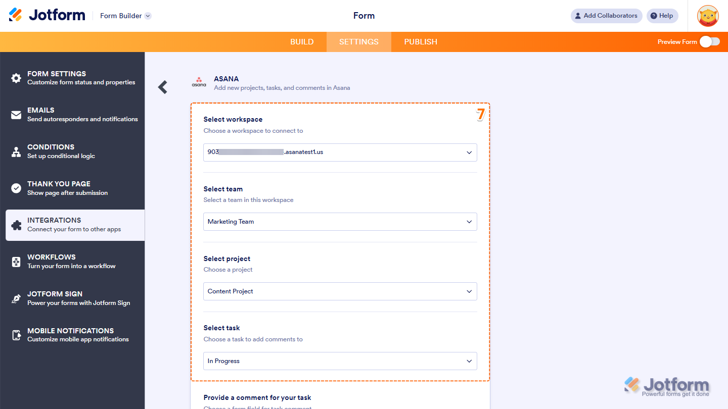 Configuring Asana integration in Jotform by selecting workspace, team, project, and select task