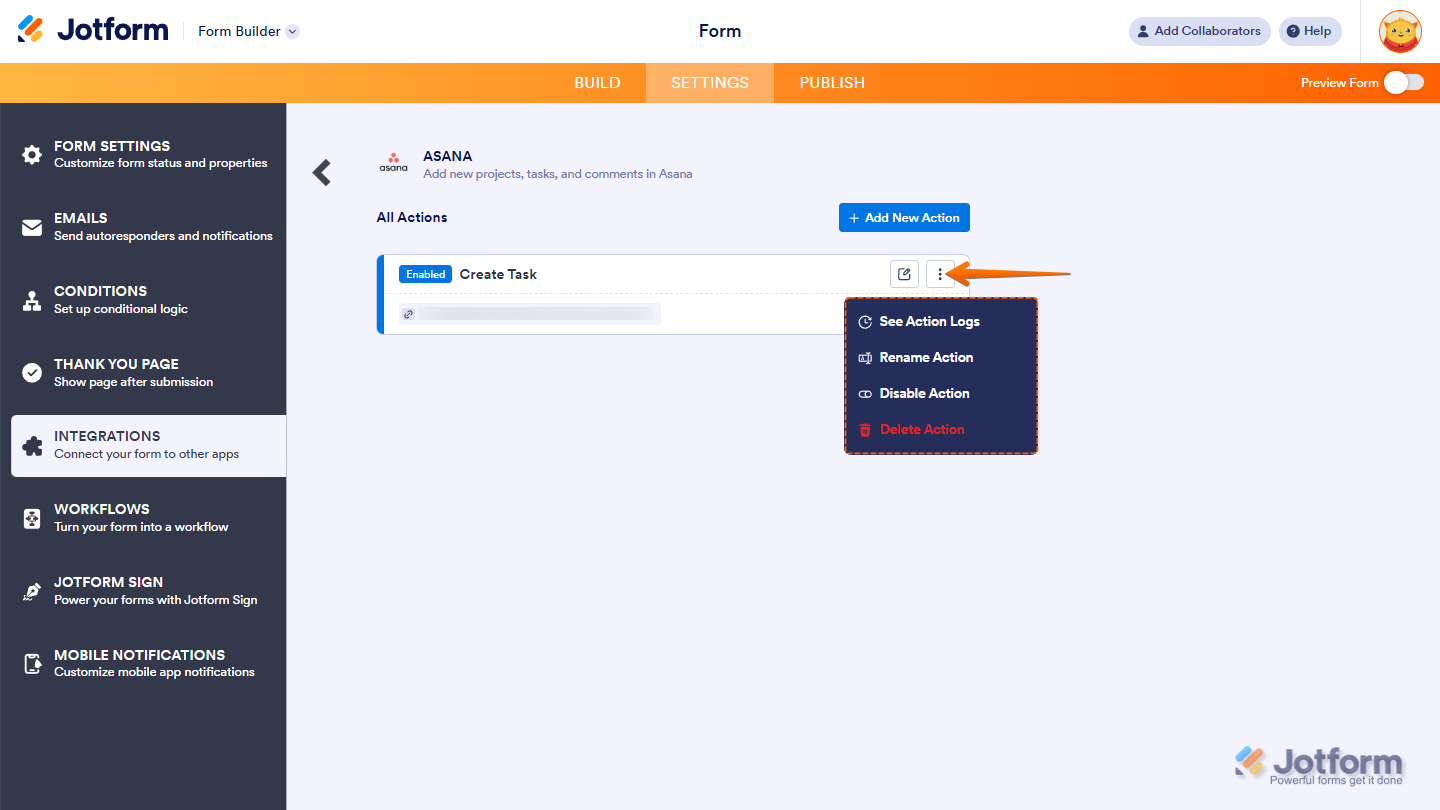 Managing Asana integration actions in Jotform, showing options to view action logs, rename, disable, or delete an existing integration action