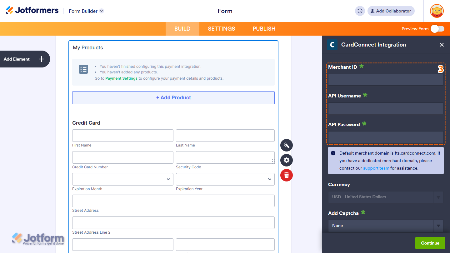 CardConnect credentials in the CardConnect Integration settings