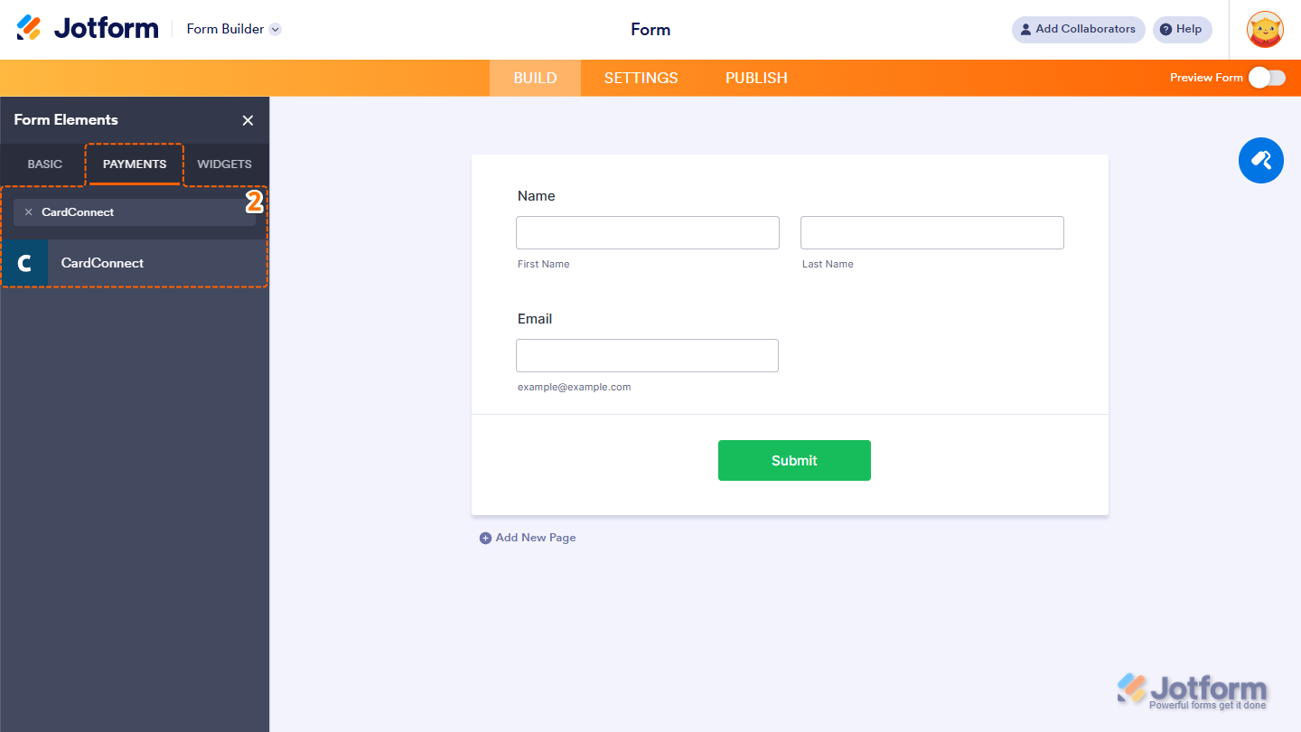 CardConnect payment in the Payments tab of the Jotform Form Builder